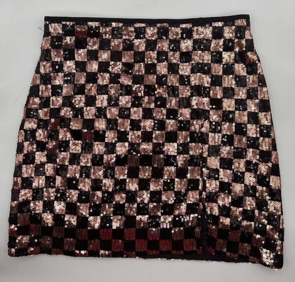 Blu Pepper Sequin Skirt Size M Checkered Rose Gold Black Mini Slit